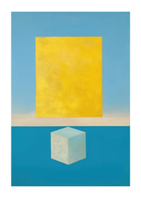 Zlatý obdĺžnik sa vznáša nad tyrkysovou kockou.-1