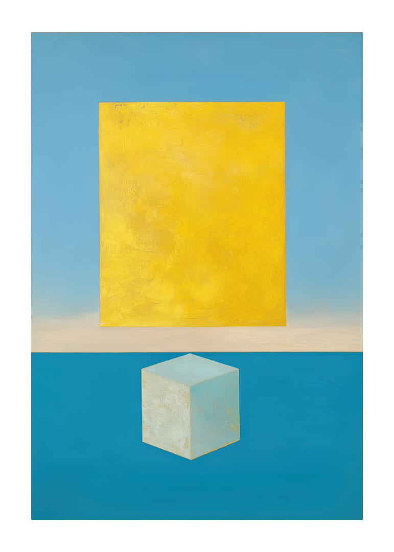 Zlatý obdĺžnik sa vznáša nad tyrkysovou kockou.-12