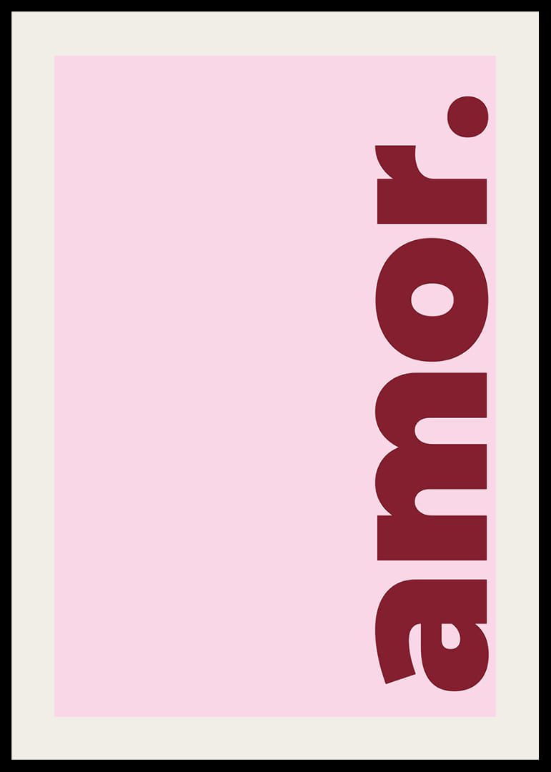 Mjukt rosa bakgrund med ordet 'amor' i djärvt rött.-12