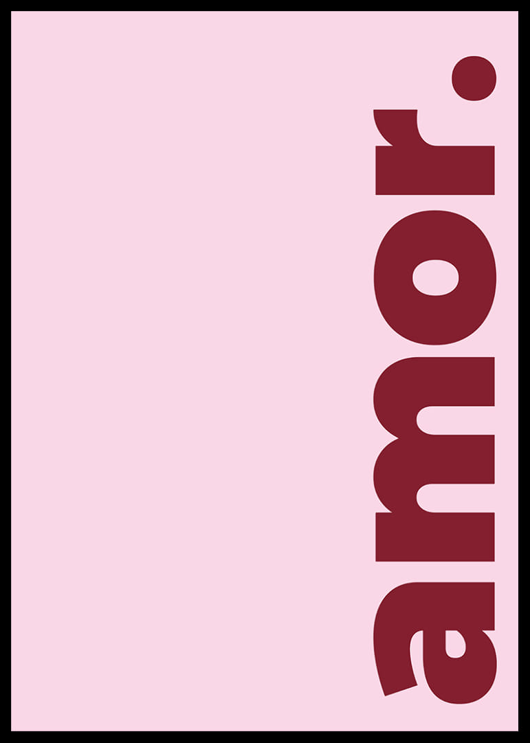 Mjukt rosa bakgrund med ordet 'amor' i djärvt rött.-12