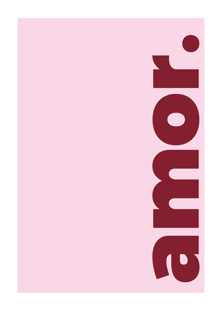 Mjukt rosa bakgrund med ordet 'amor' i djärvt rött.-12