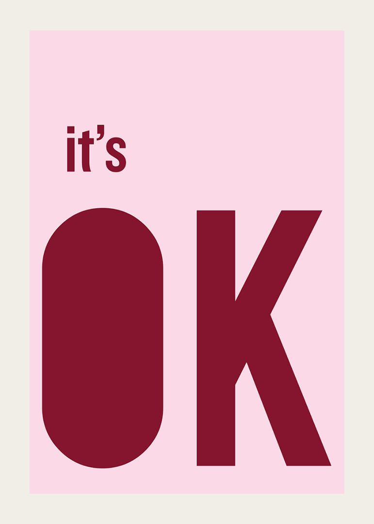 Lyserød og rød plakat med et beroligende budskab.-12