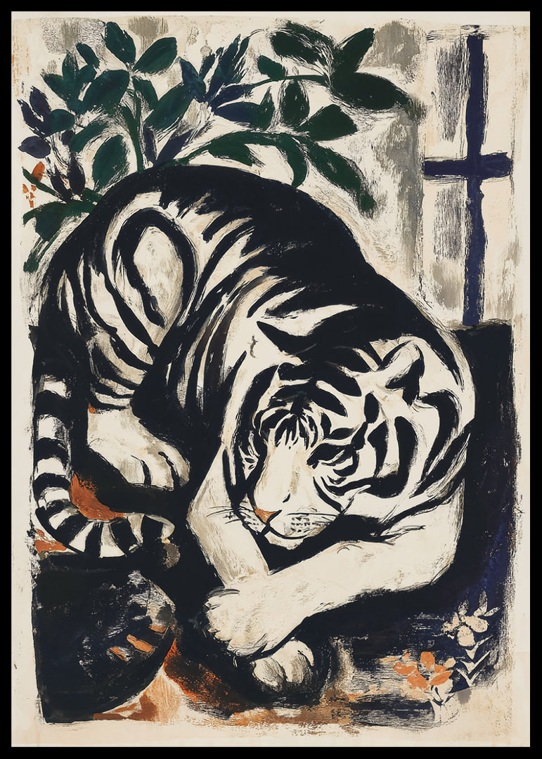 A majestic tiger rests in an artistic landscape.-12