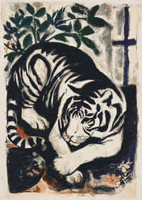 Ein majestätischer Tiger ruht in einer kunstvollen Landschaft.-1