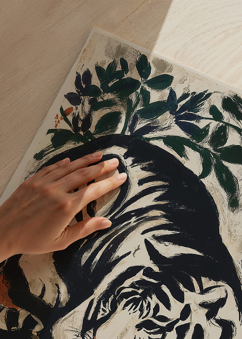 Ein majestätischer Tiger ruht in einer kunstvollen Landschaft.-12