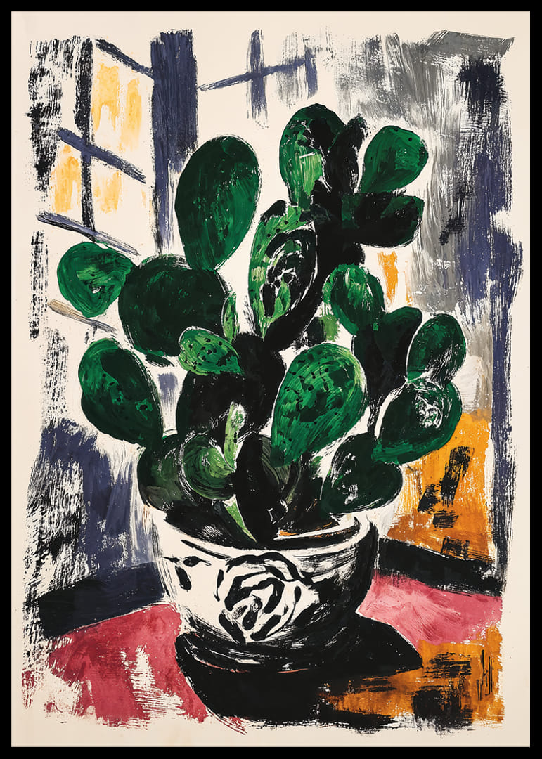 Ein Kaktus in einem künstlerischen Kontext mit kühnen Pinselstrichen.-12