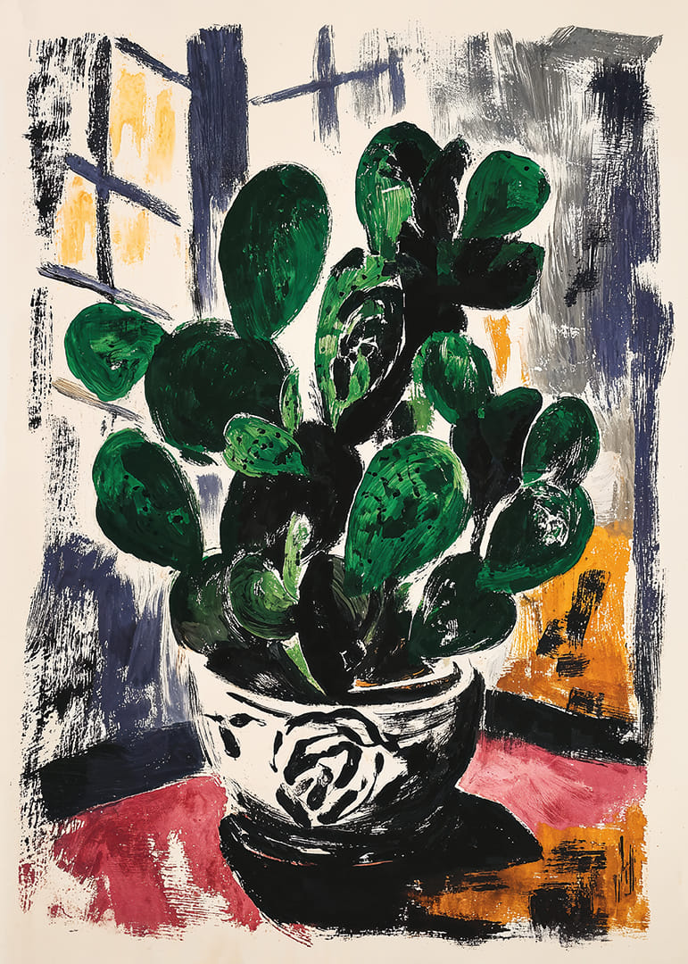 Ein Kaktus in einem künstlerischen Kontext mit kühnen Pinselstrichen.-12