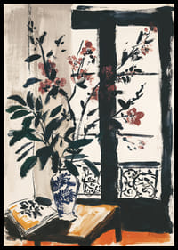 Zarte Blumen vor einem Fenster schaffen Ruhe und Charme.-0