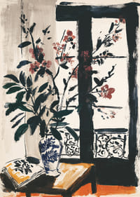 Zarte Blumen vor einem Fenster schaffen Ruhe und Charme.-1