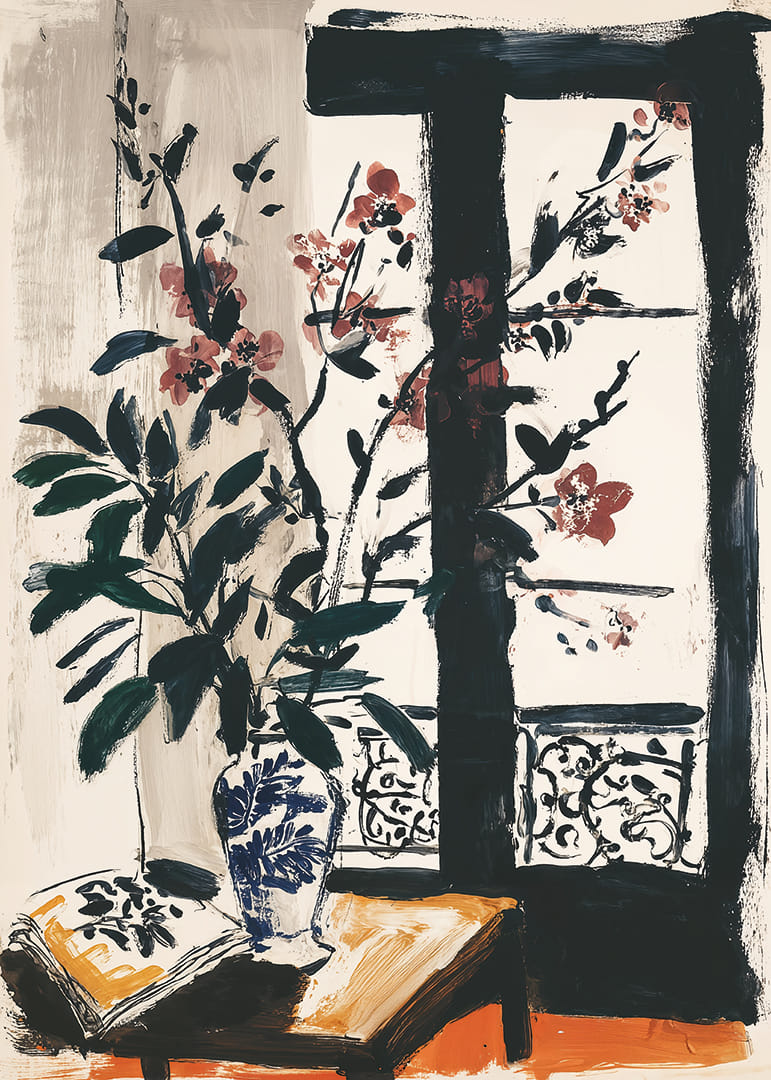 Zarte Blumen vor einem Fenster schaffen Ruhe und Charme.-12