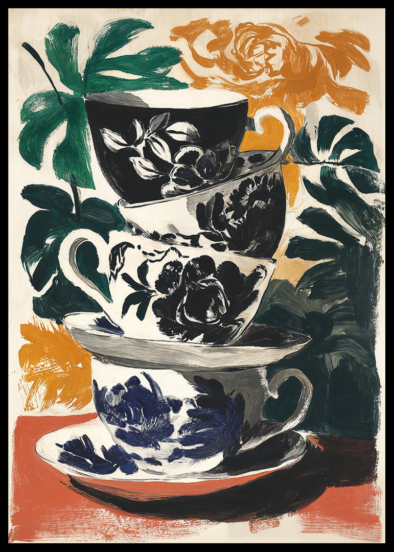 Colorful teacups with floral motifs for a vibrant atmosphere.-12