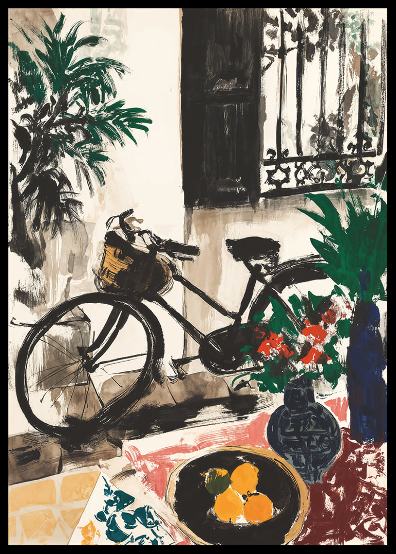 The bike rests in a picturesque garden setting.-12