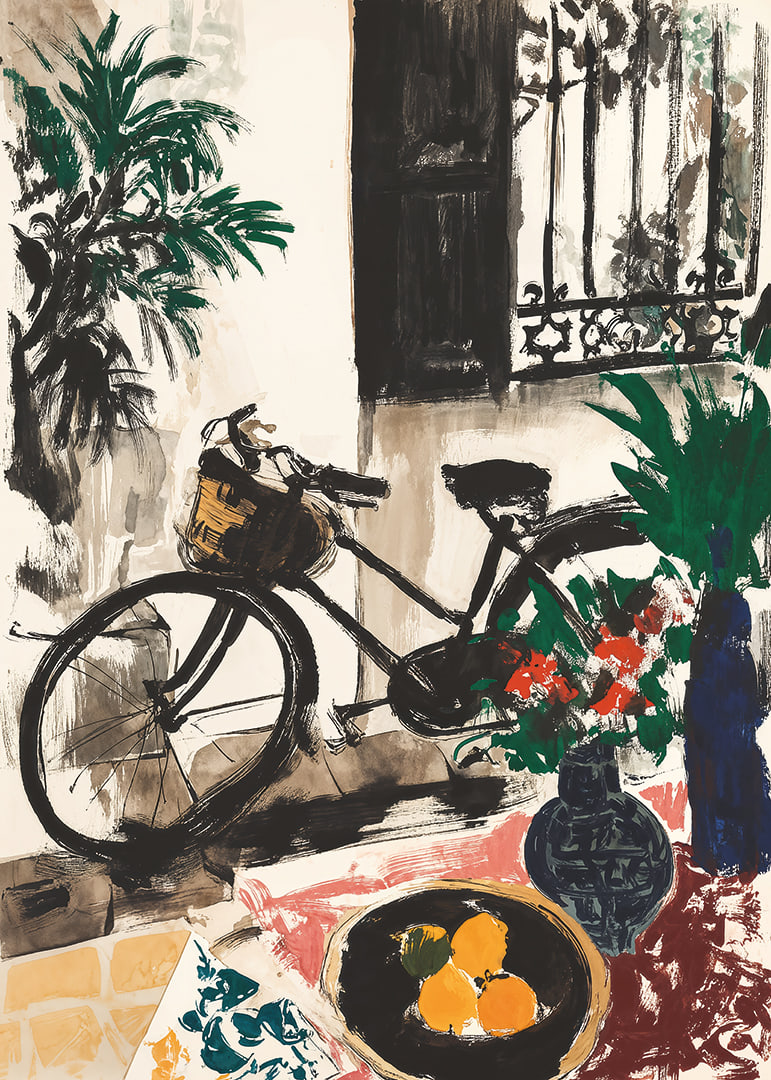 The bike rests in a picturesque garden setting.-12