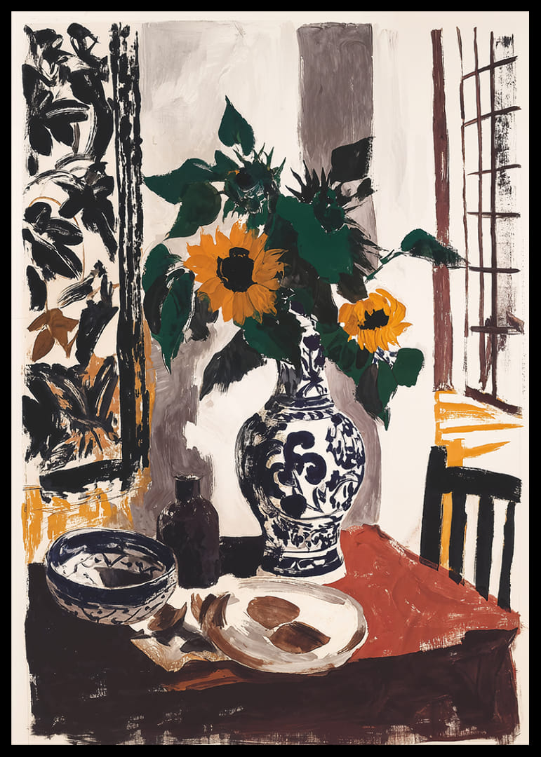 Zonnige zonnebloemen in een elegante vaas creëren artistieke schoonheid.-12