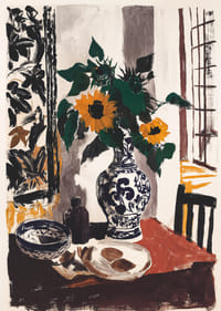 Zonnige zonnebloemen in een elegante vaas creëren artistieke schoonheid.-1