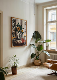 Soliga solrosor i en elegant vas skapar konstnärlig skönhet.-2