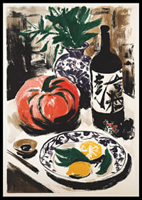 Colorful fruits and wine bottle create rustic charm.-0
