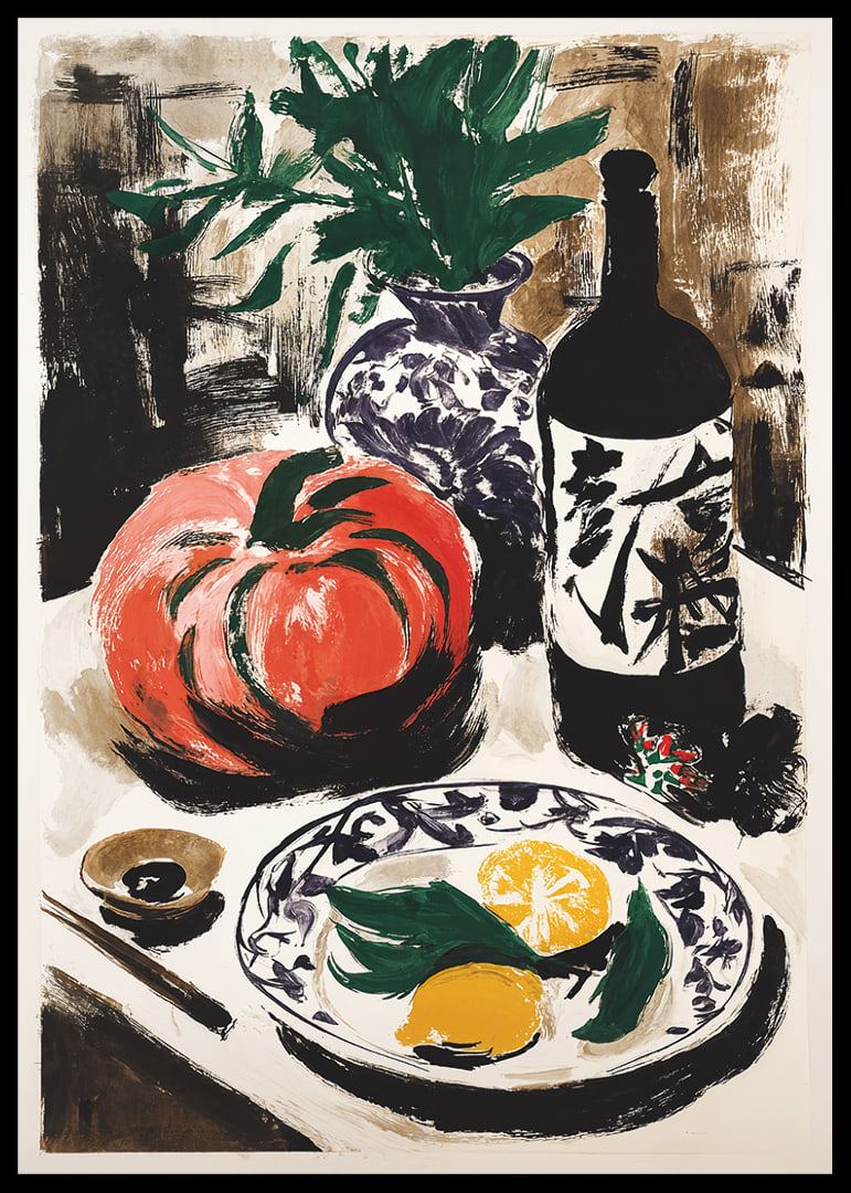 Colorful fruits and wine bottle create rustic charm.-12