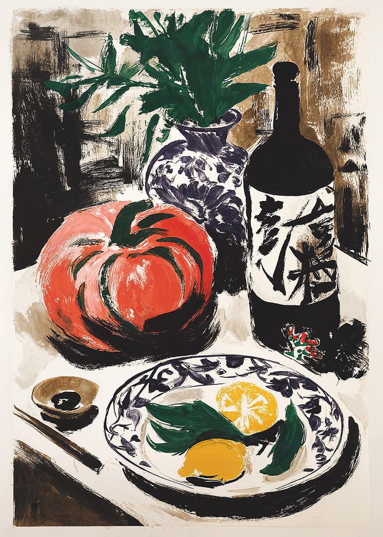 Colorful fruits and wine bottle create rustic charm.-12
