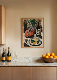 Colorful fruits and wine bottle create rustic charm.-2