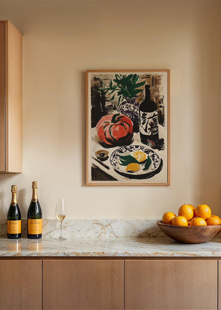 Colorful fruits and wine bottle create rustic charm.-12