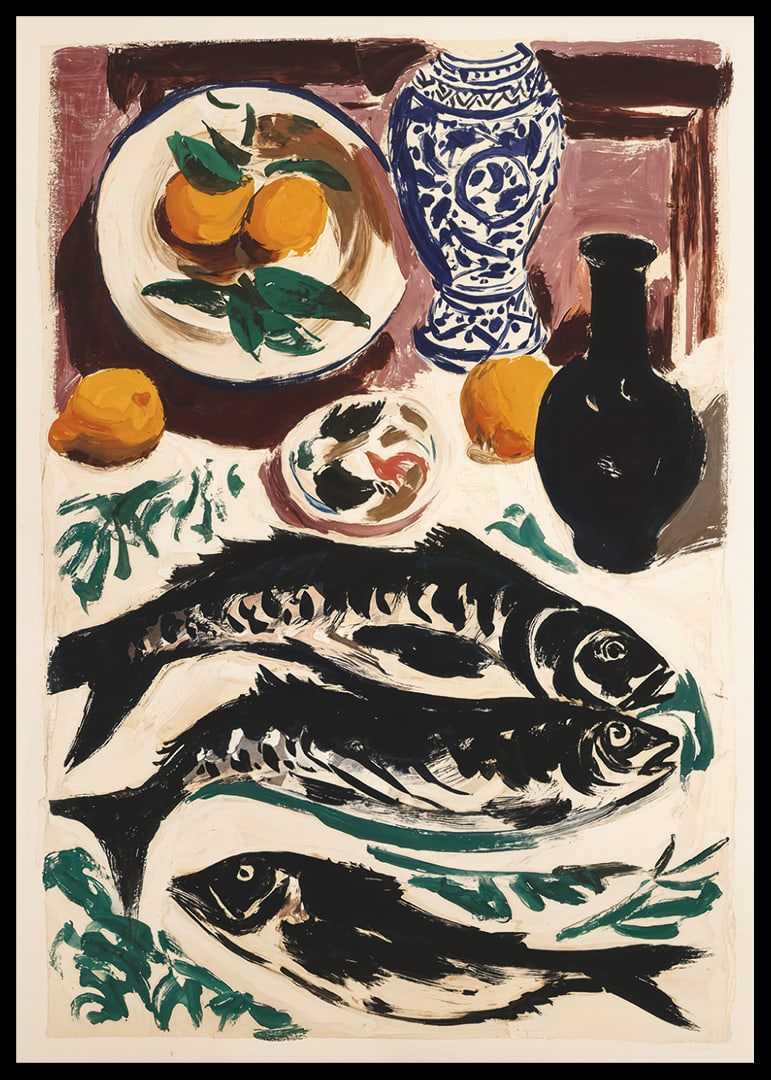 Colorful still life with fish and citrus fruits.-12