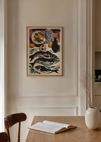 Kleurrijk stilleven met vis en citrusvruchten.-2