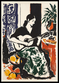 A colorful woman plays the guitar with elegance and harmony.-0