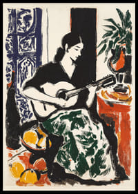 Eine farbenfrohe Frau spielt mit Eleganz und Harmonie Gitarre.-0