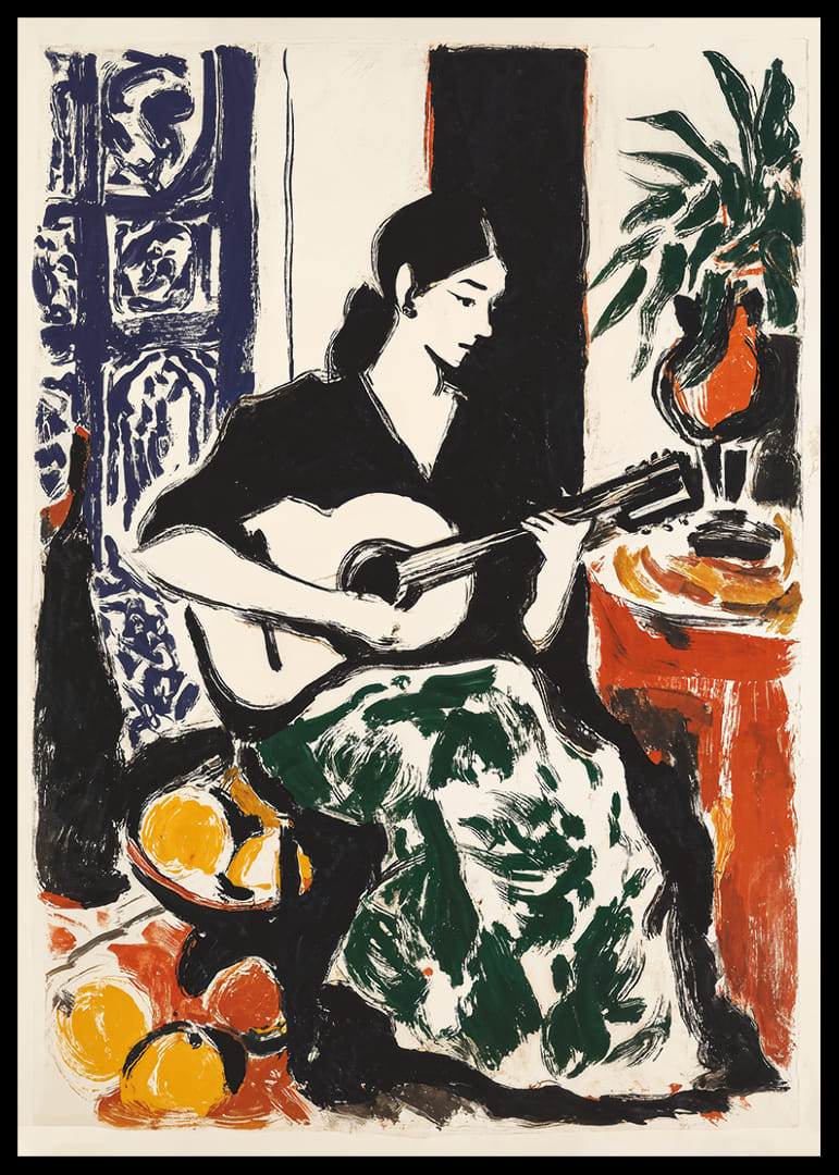 Eine farbenfrohe Frau spielt mit Eleganz und Harmonie Gitarre.-12