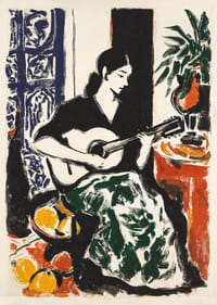 Eine farbenfrohe Frau spielt mit Eleganz und Harmonie Gitarre.-1