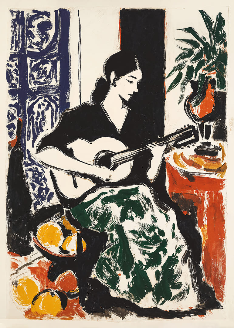 Eine farbenfrohe Frau spielt mit Eleganz und Harmonie Gitarre.-12