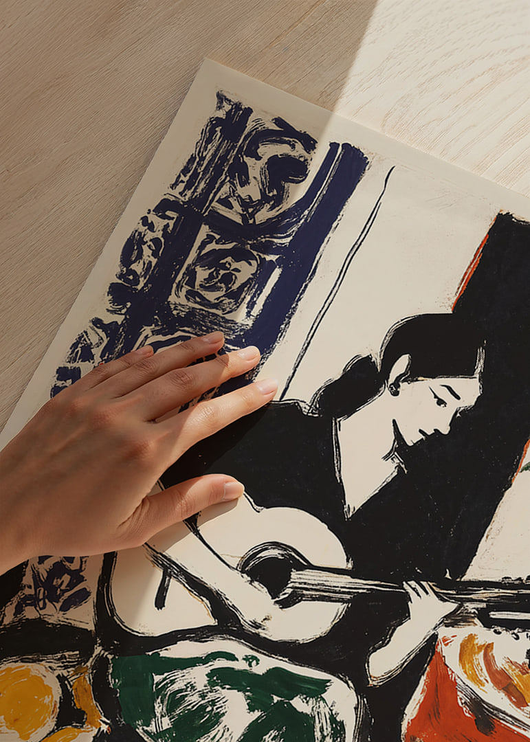 A colorful woman plays the guitar with elegance and harmony.-12