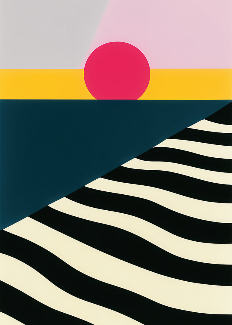 Kleurrijke en opvallende poster met geometrische vormen en diepe contrasten.-12