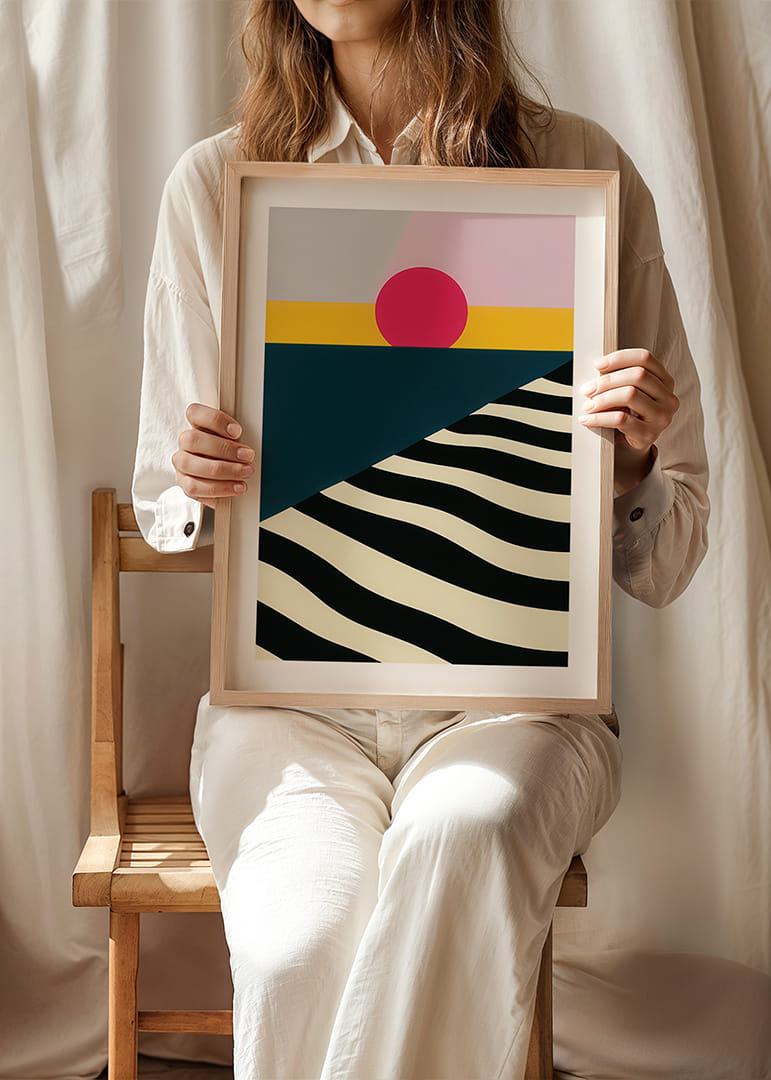 Kleurrijke en opvallende poster met geometrische vormen en diepe contrasten.-12