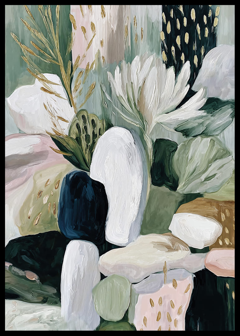 Abstracte bloemen en bladeren dansen in harmonie.-12