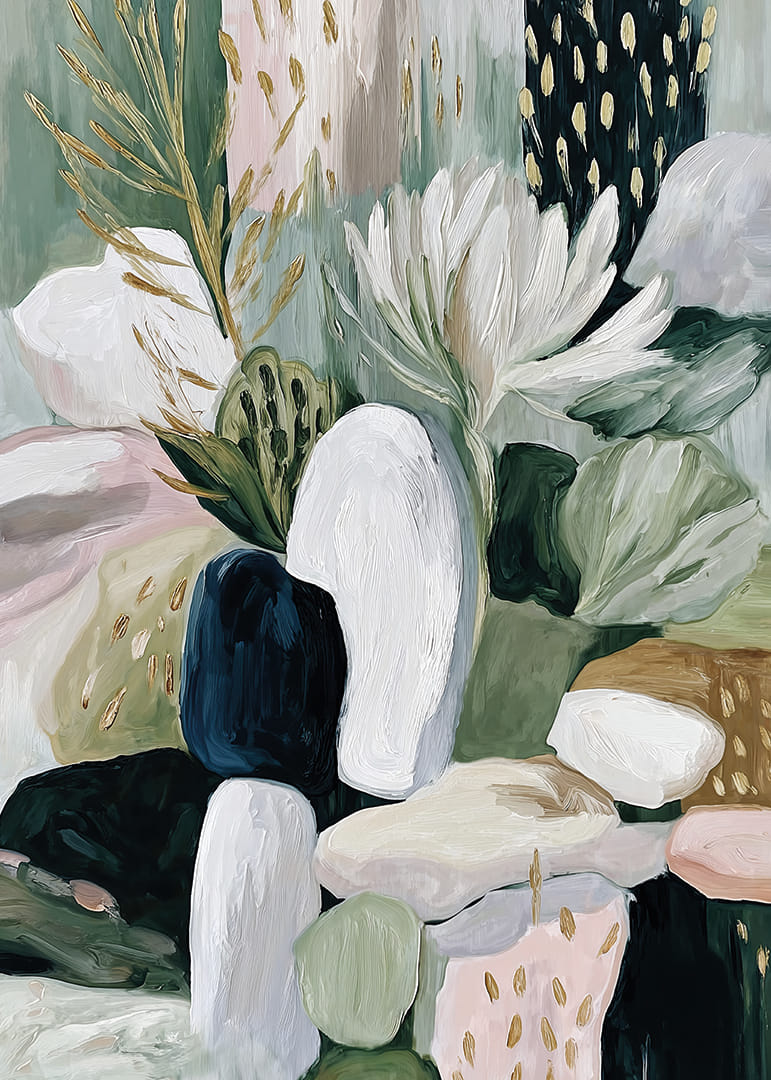 Abstracte bloemen en bladeren dansen in harmonie.-12