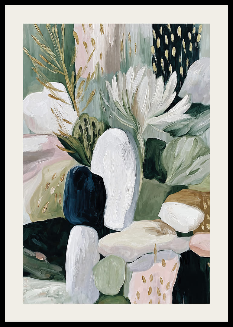 Absztrakt virágok és levelek táncolnak harmóniában.-12