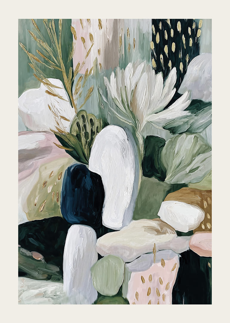 Absztrakt virágok és levelek táncolnak harmóniában.-12