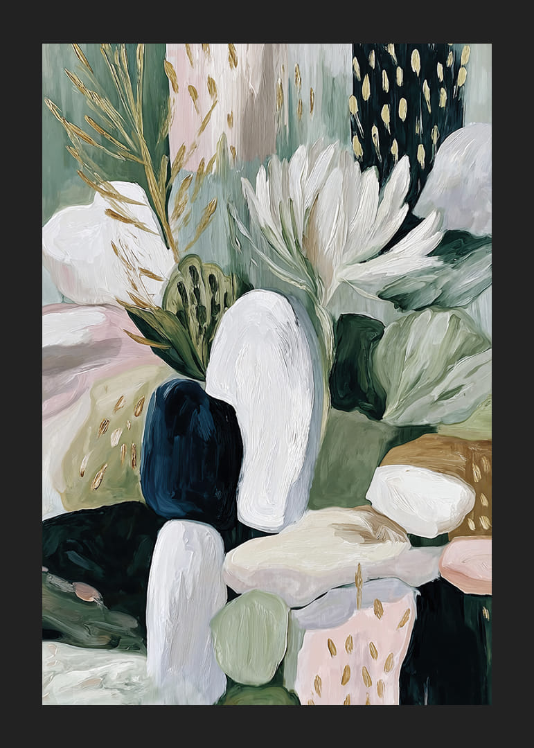 Absztrakt virágok és levelek táncolnak harmóniában.-12