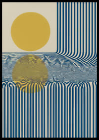 Blauwe lijnen en een gouden zon creëren een hypnotiserend patroon.-2