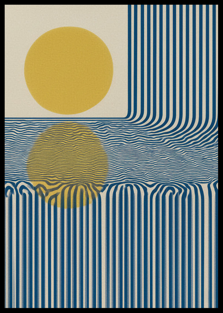 Blauwe lijnen en een gouden zon creëren een hypnotiserend patroon.-12