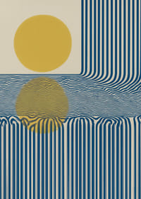 Blauwe lijnen en een gouden zon creëren een hypnotiserend patroon.-3