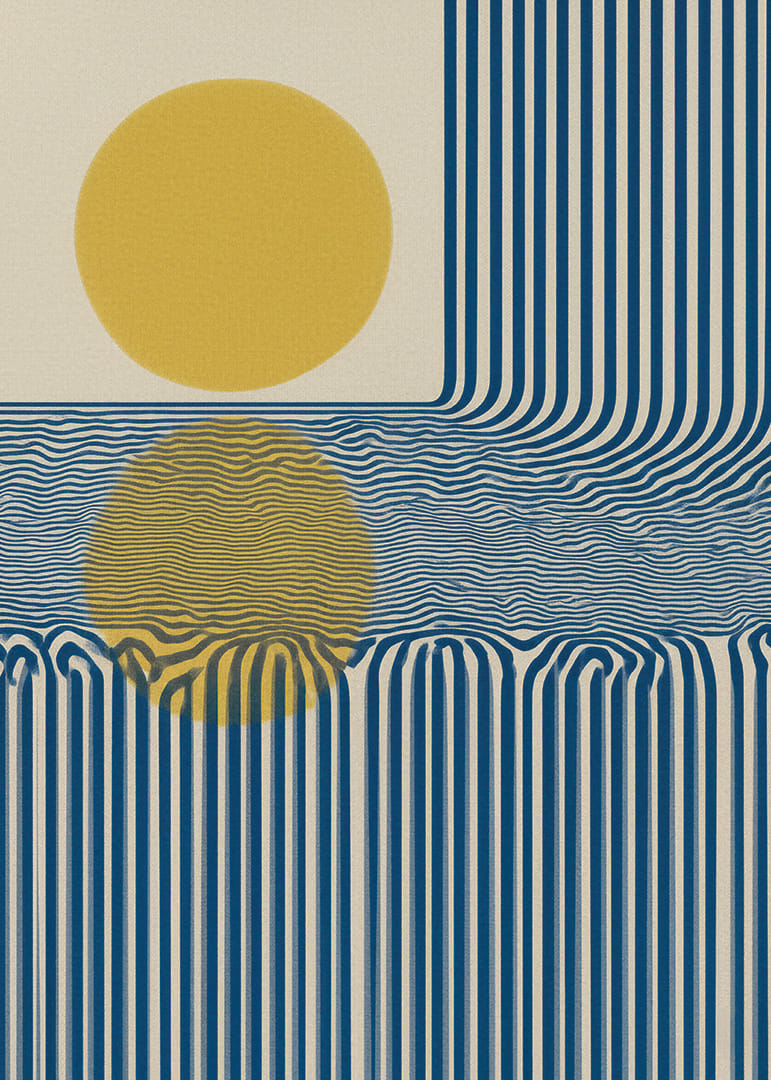 Blauwe lijnen en een gouden zon creëren een hypnotiserend patroon.-12