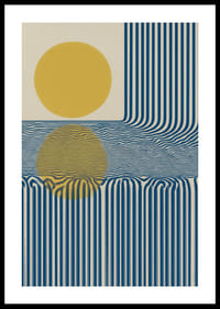 Blauwe lijnen en een gouden zon creëren een hypnotiserend patroon.-0