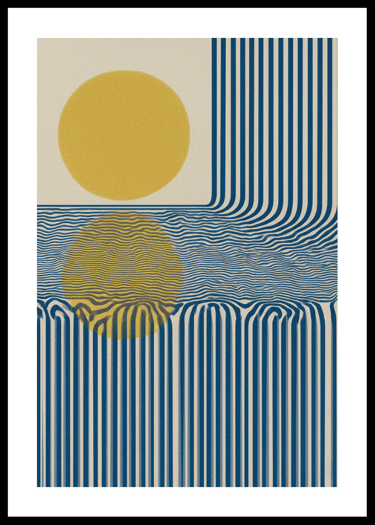 Blauwe lijnen en een gouden zon creëren een hypnotiserend patroon.-12