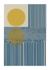 Blauwe lijnen en een gouden zon creëren een hypnotiserend patroon.-1