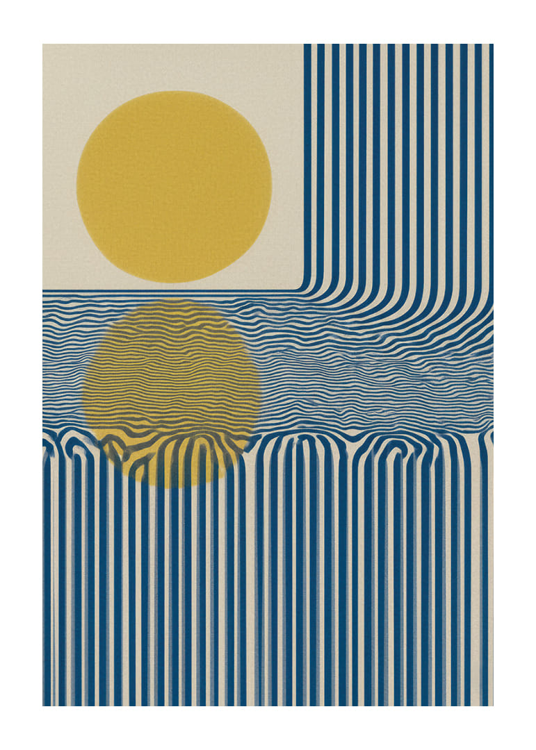 Blauwe lijnen en een gouden zon creëren een hypnotiserend patroon.-12