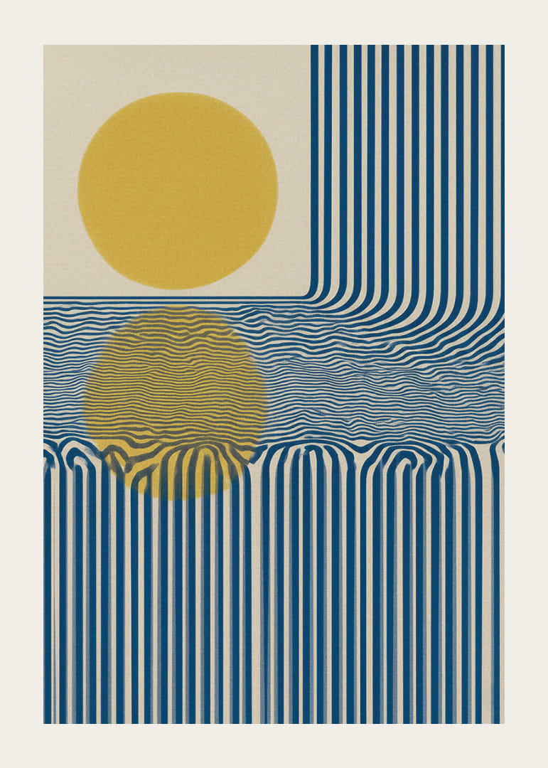 Blå linjer och gyllene sol ger ett hypnotiskt mönster.-12