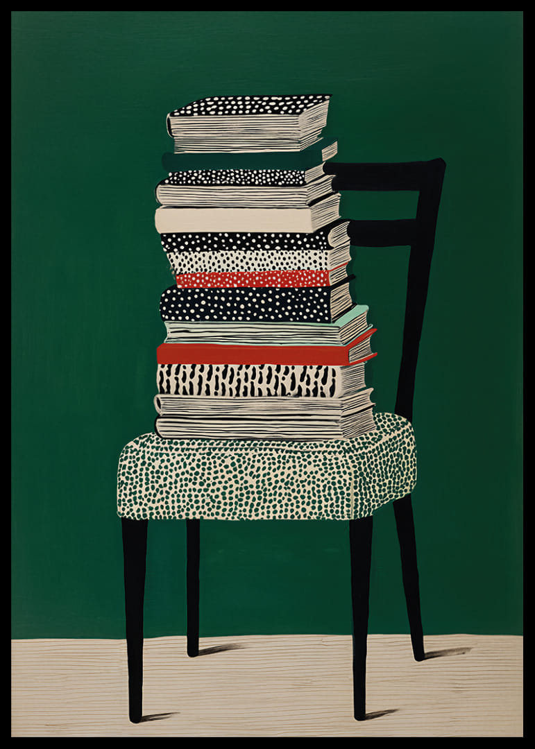 Ein bunter Bücherstapel auf einem Stuhl vor grünem Hintergrund.-12